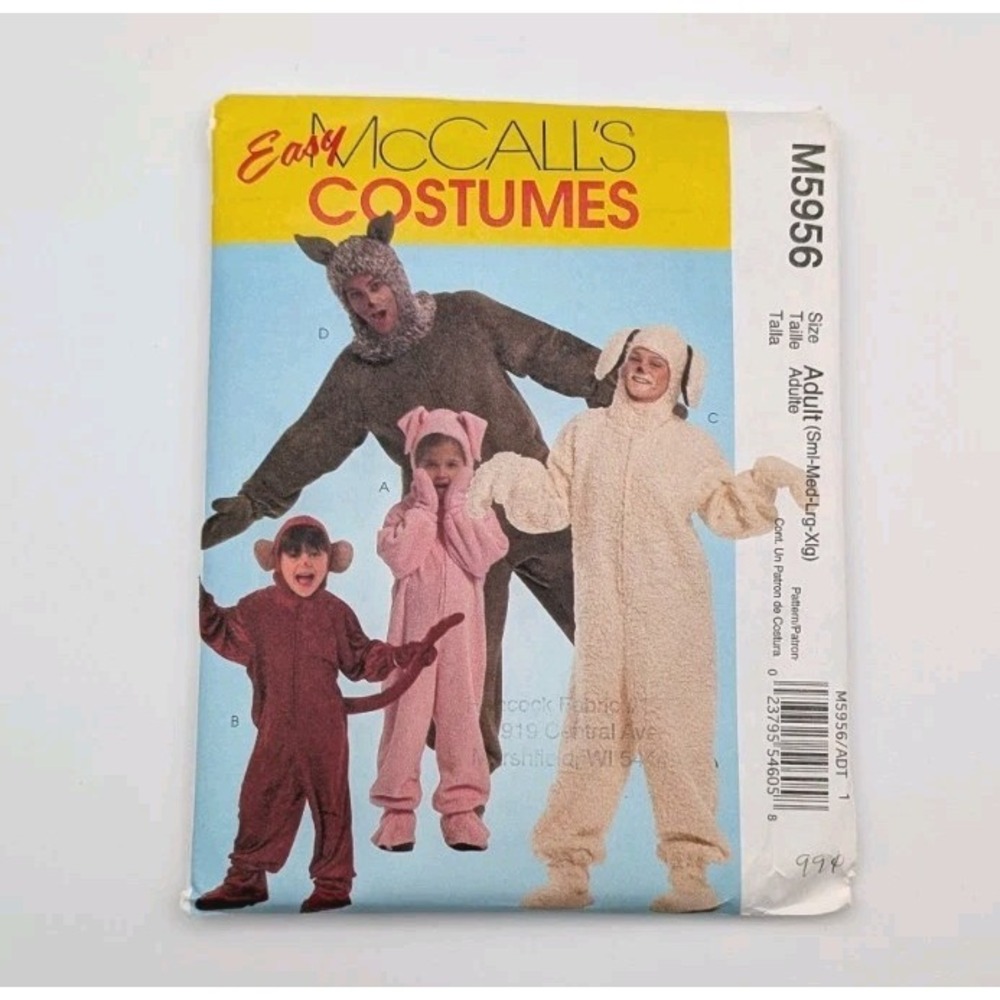 McCalls Easy Adult Animal Costume Pattern Sheep Monkey Pig S-XL Uncut M5956 READ